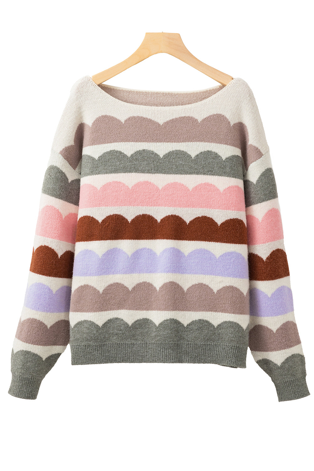 Dark Blue Wave Striped Balloon Sleeve Drop Shoulder Sweater - Cowaa