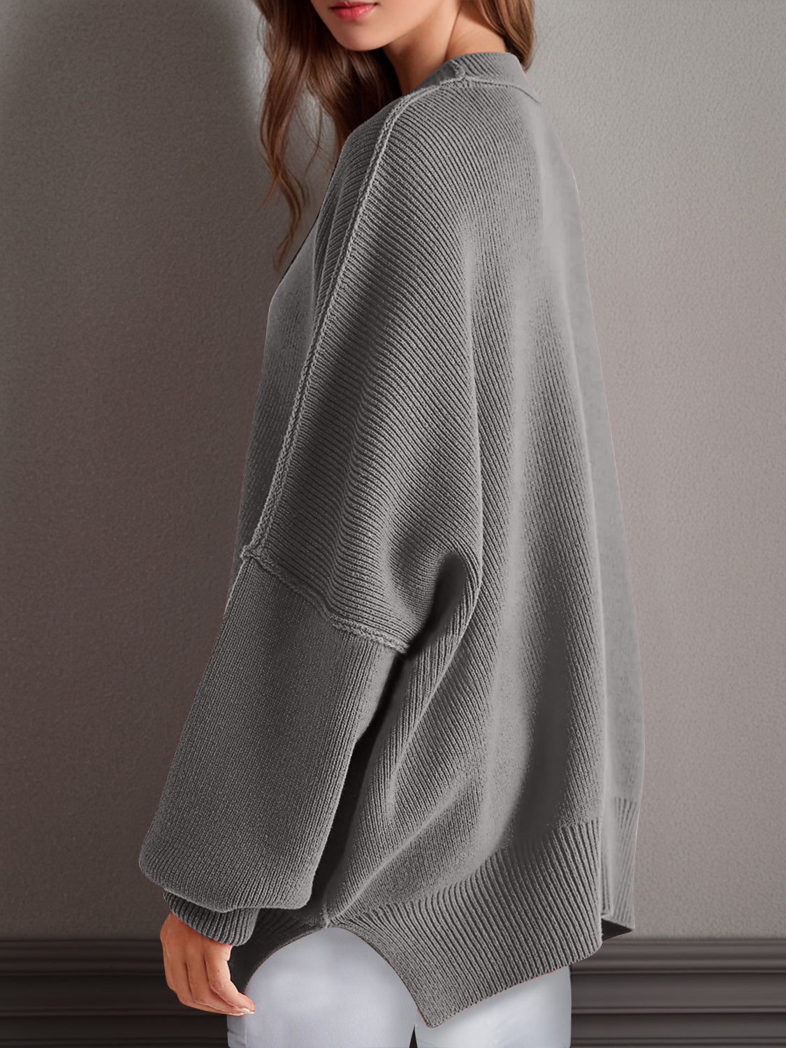 Double Take Side Slit Round Neck Long Sleeve Sweater - Cowaa