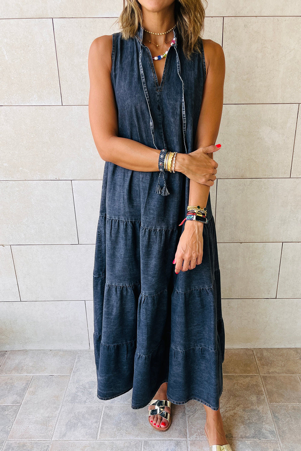 Real Teal Sleeveless Tiered Chambray Maxi Dress - Cowaa