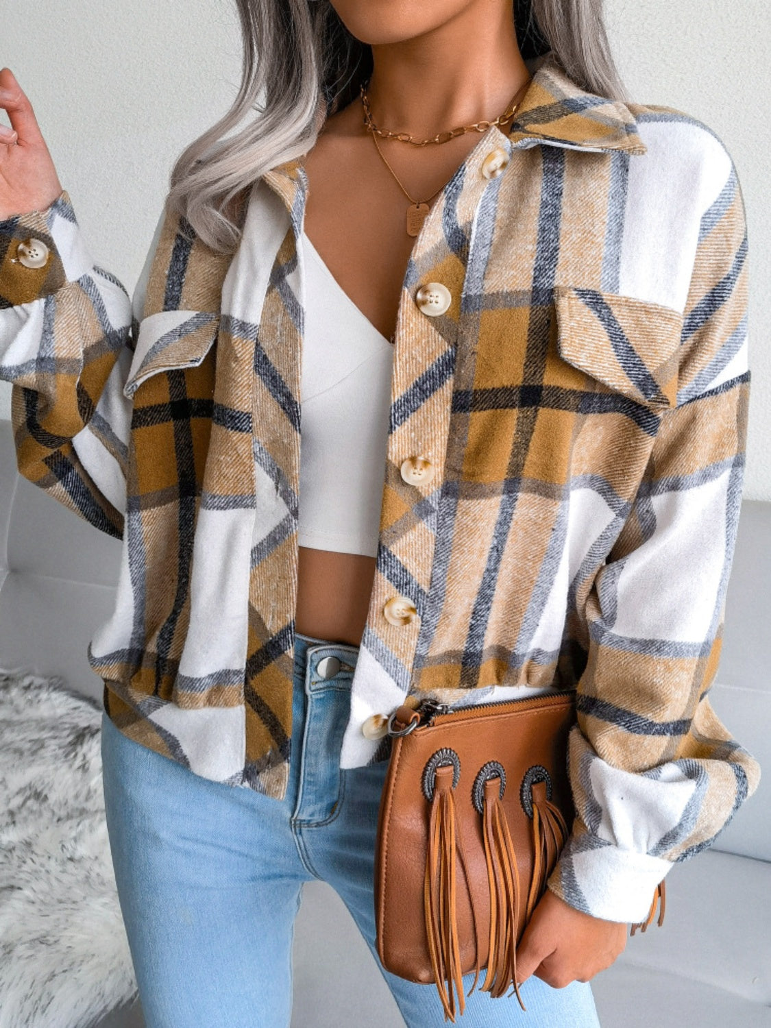 Plaid Collared Neck Long Sleeve Jacket - Cowaa