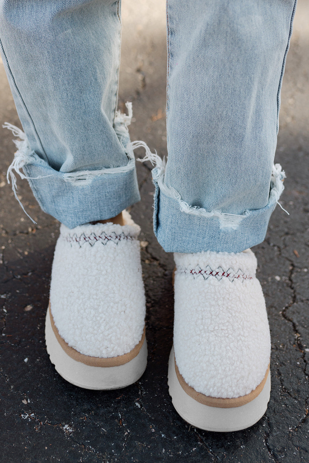 White Suede Contrast Print Plush Platform Snow Boots - Cowaa