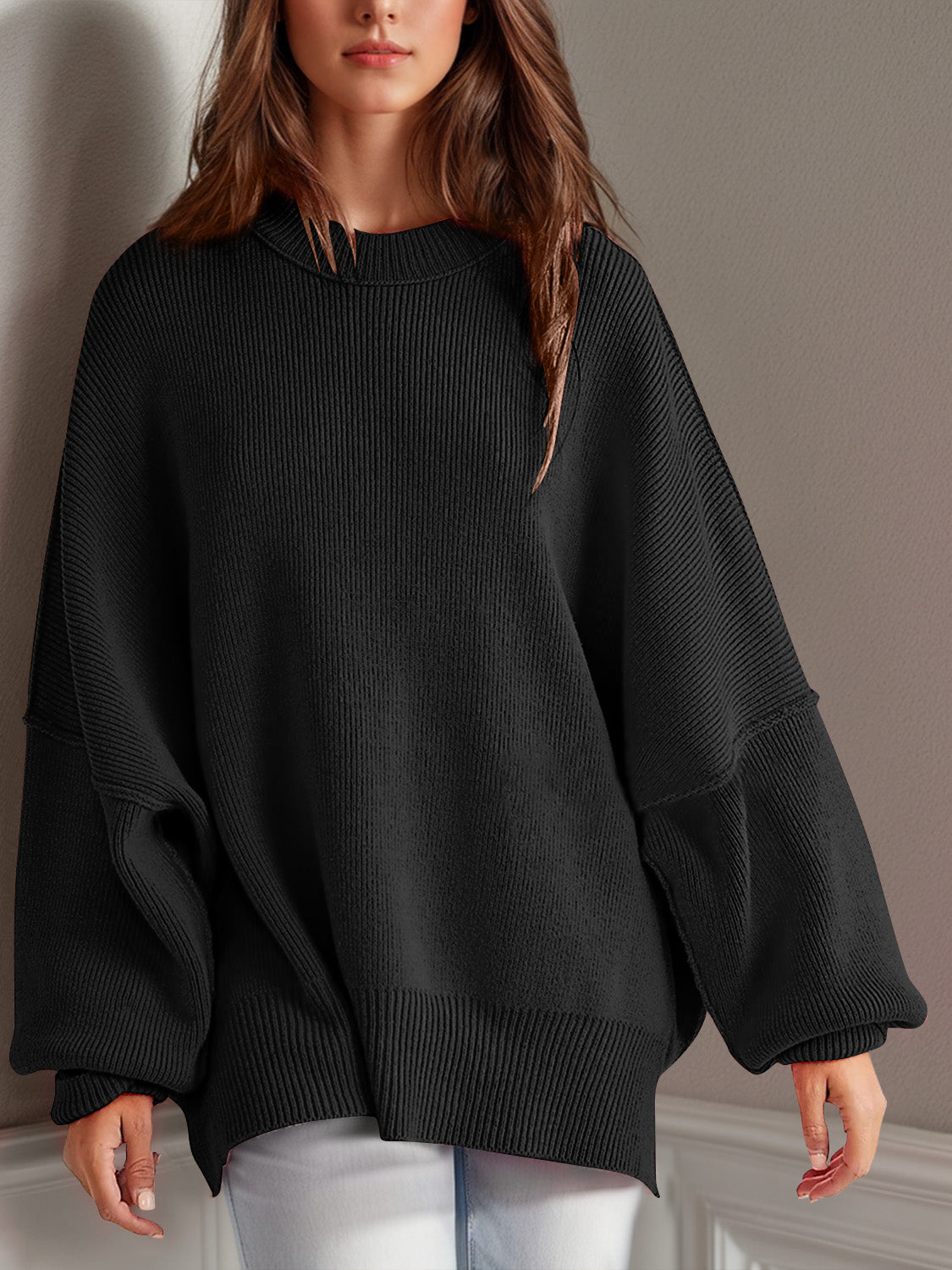 Double Take Side Slit Round Neck Long Sleeve Sweater - Cowaa