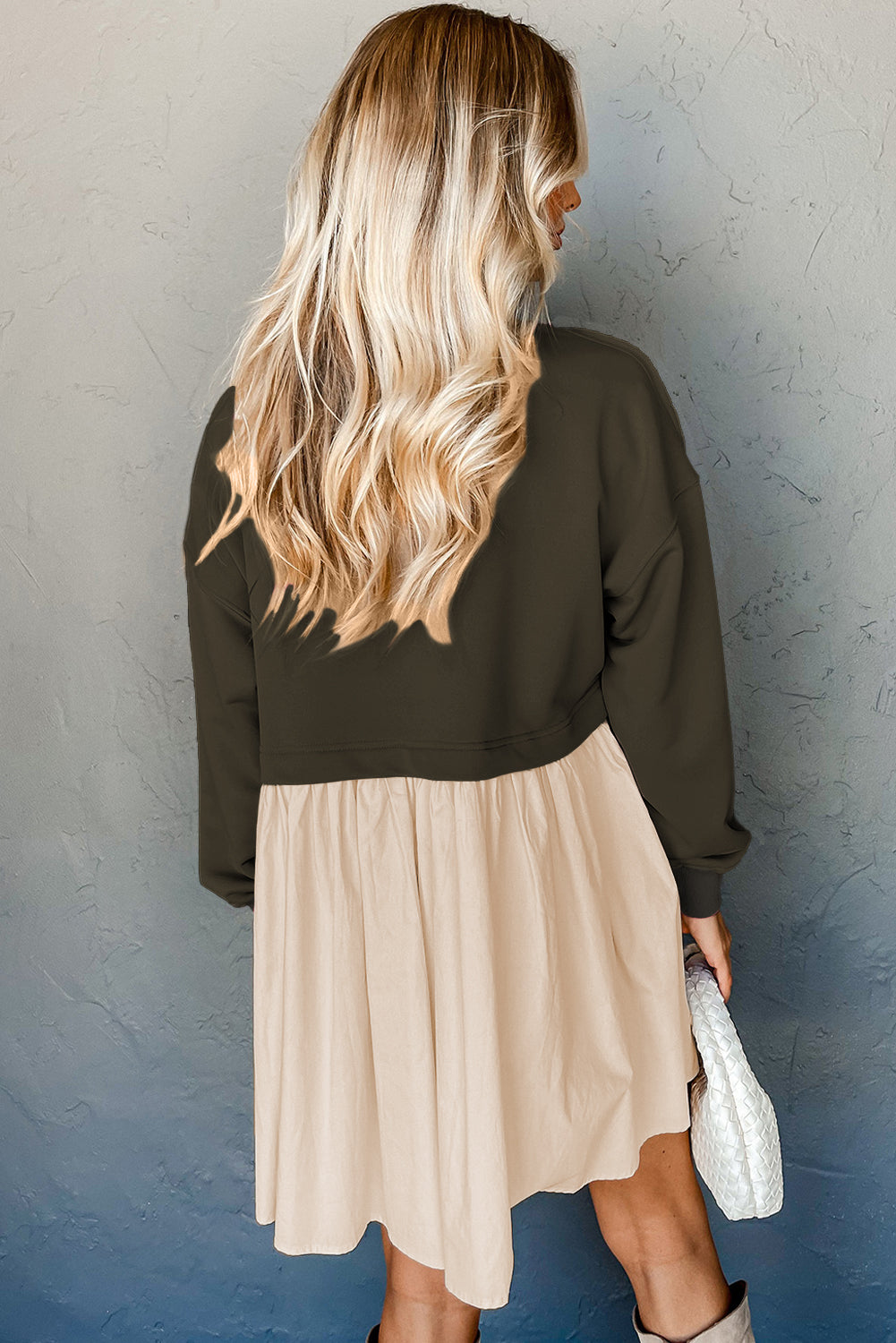 Khaki Sweatshirt 2-in-1 Flowy Pleated Mini Dress - Cowaa