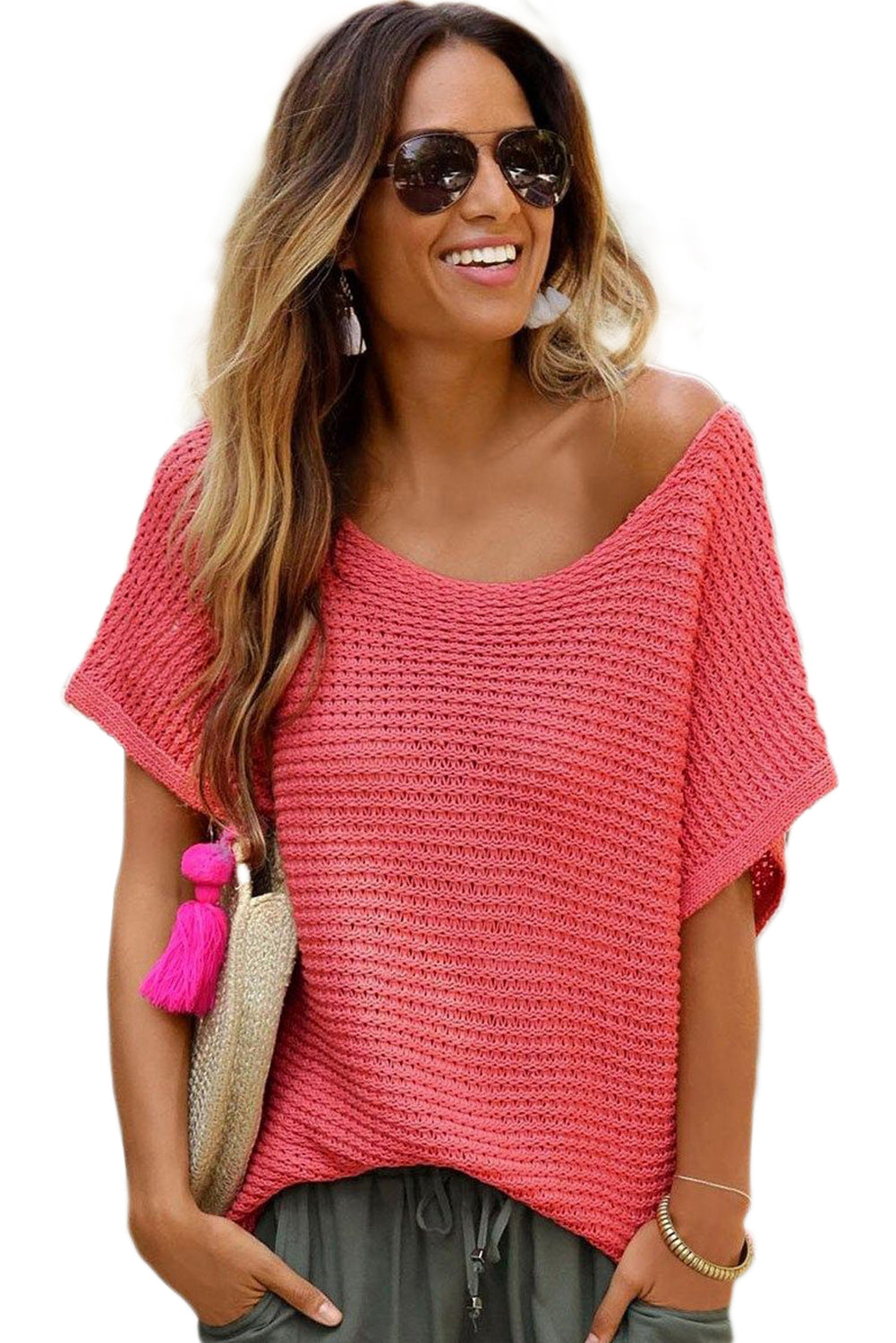 Pink Plain Knit Loose Batwing Sleeve Blouse - Cowaa