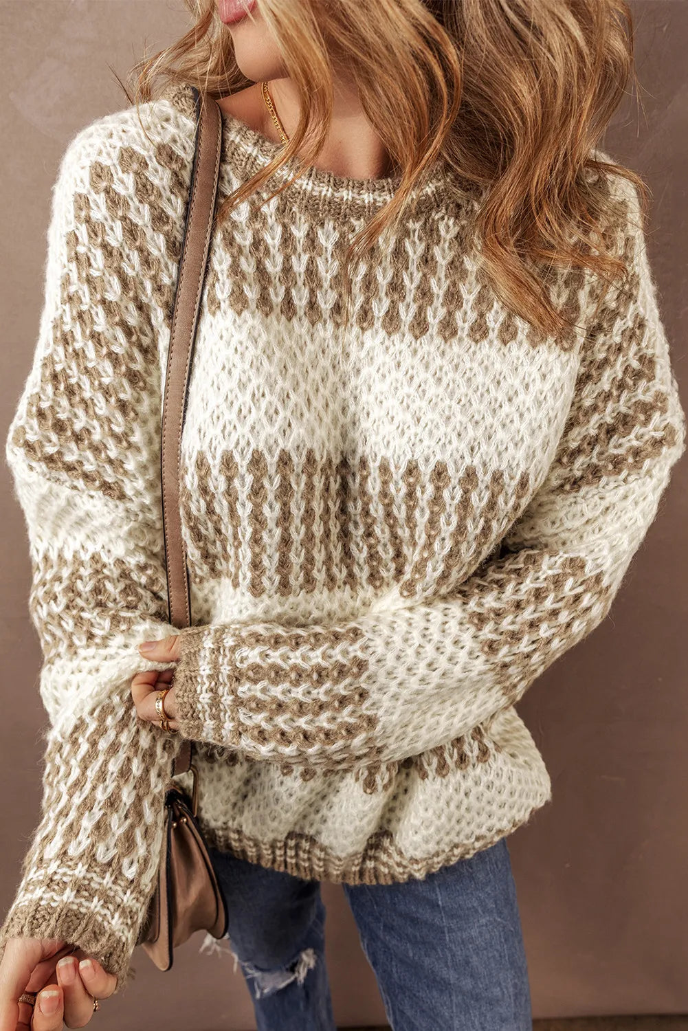 Color Block Round Neck Dropped Shoulder Sweater - Cowaa