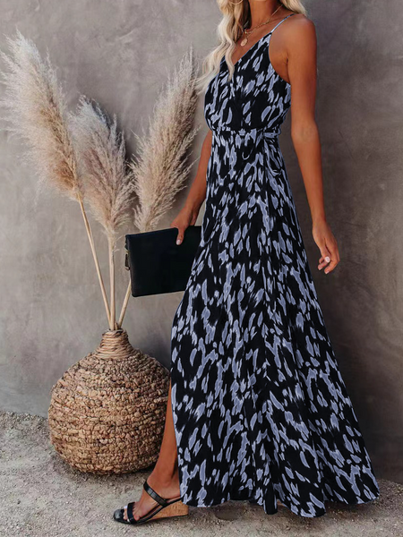 Printed Maxi Dress w/ Skinny Straps - Cowaa