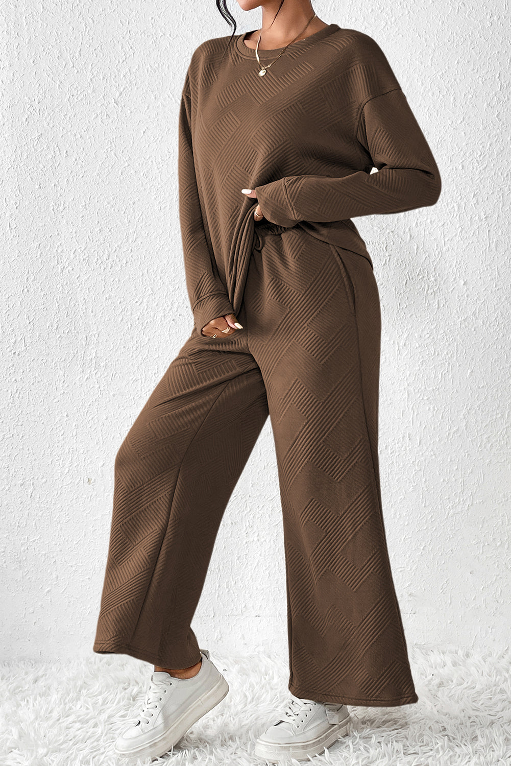 Strawberry Pink Textured Loose Slouchy Long Sleeve Top and Pants Set - Cowaa