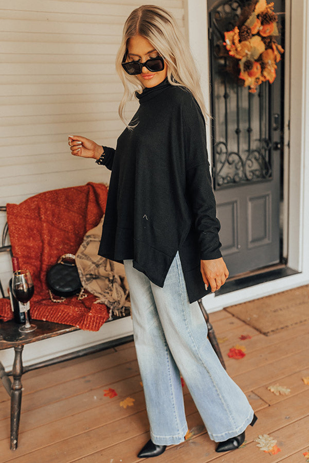 Cowl Neck Loose Fit Tunic Long Sleeve Top - Cowaa