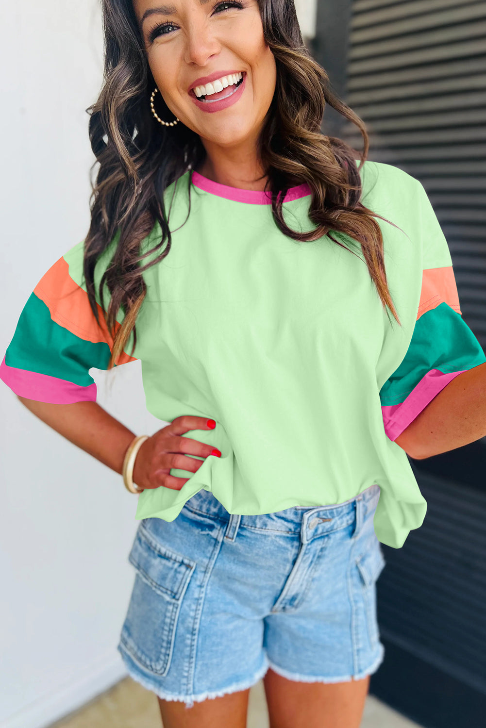 Green Color Block Sleeve Round Neck Oversize Top - Cowaa