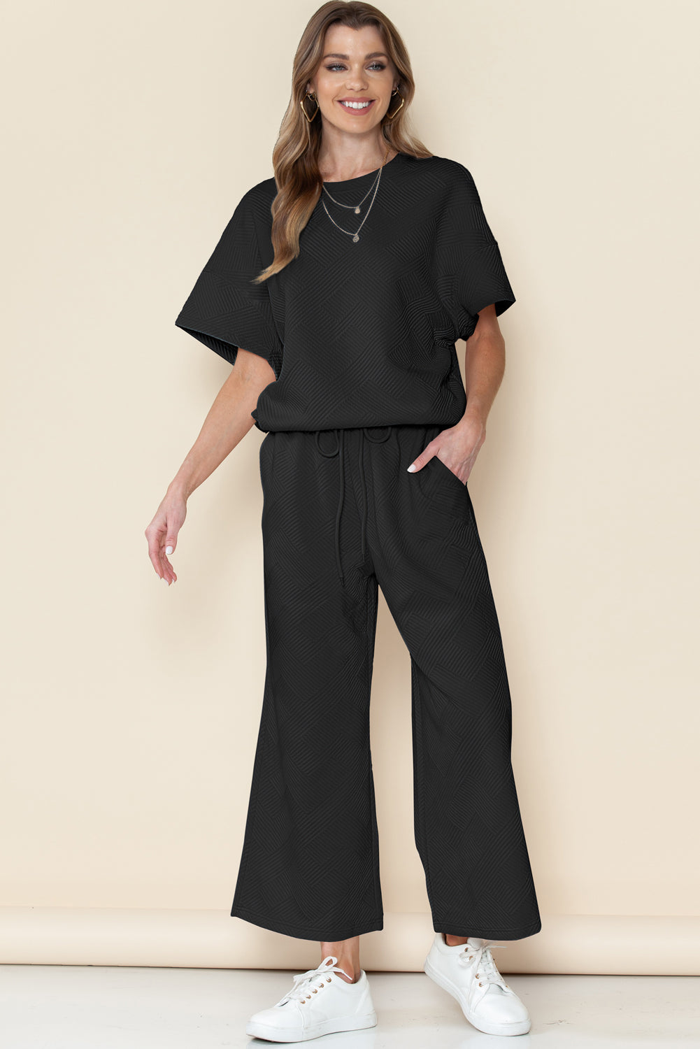 Navy Blue Textured Loose Fit T Shirt and Drawstring Pants Set - Cowaa