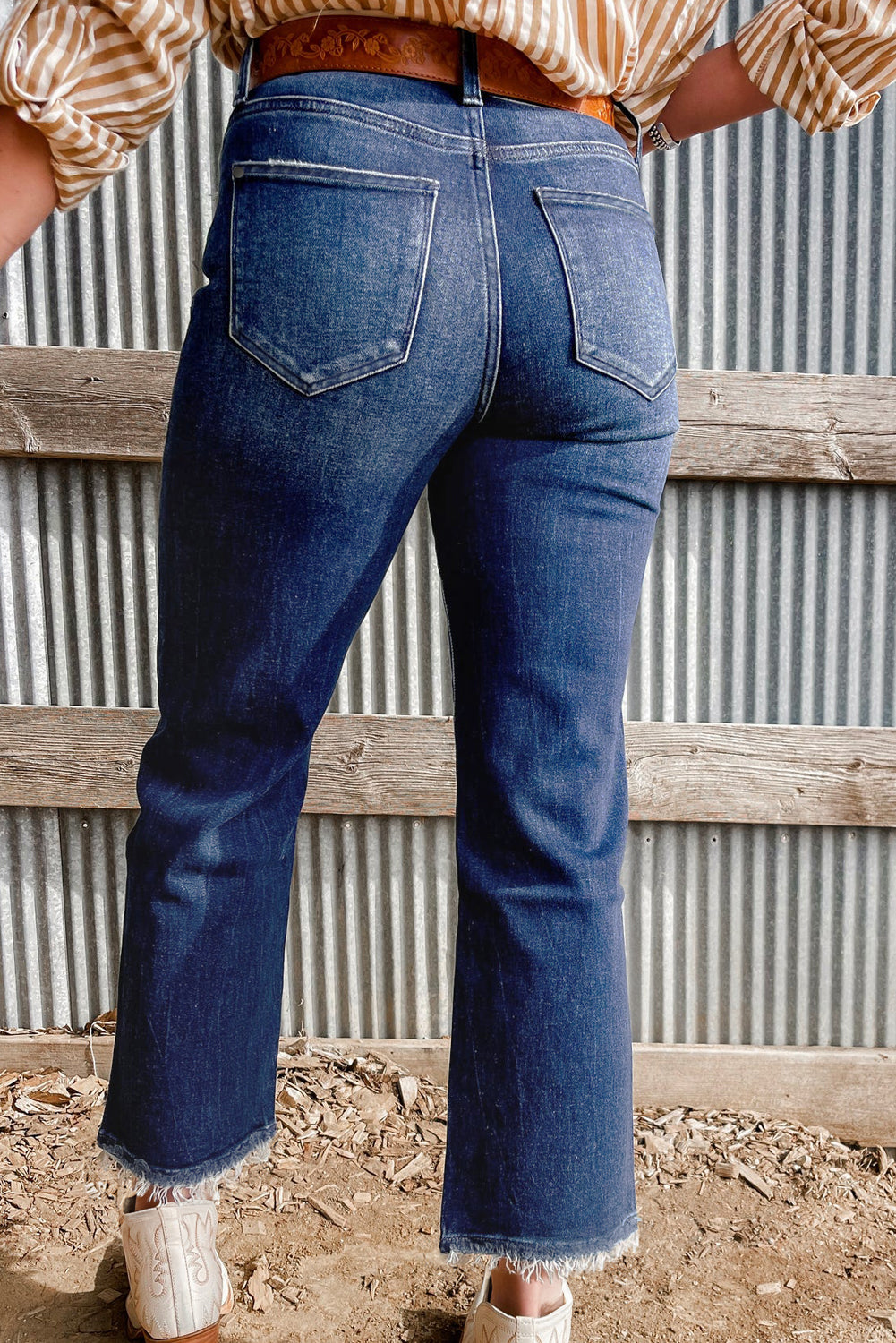 Sail Blue Mineral Wash Raw Hem High Waist Flared Jeans - Cowaa