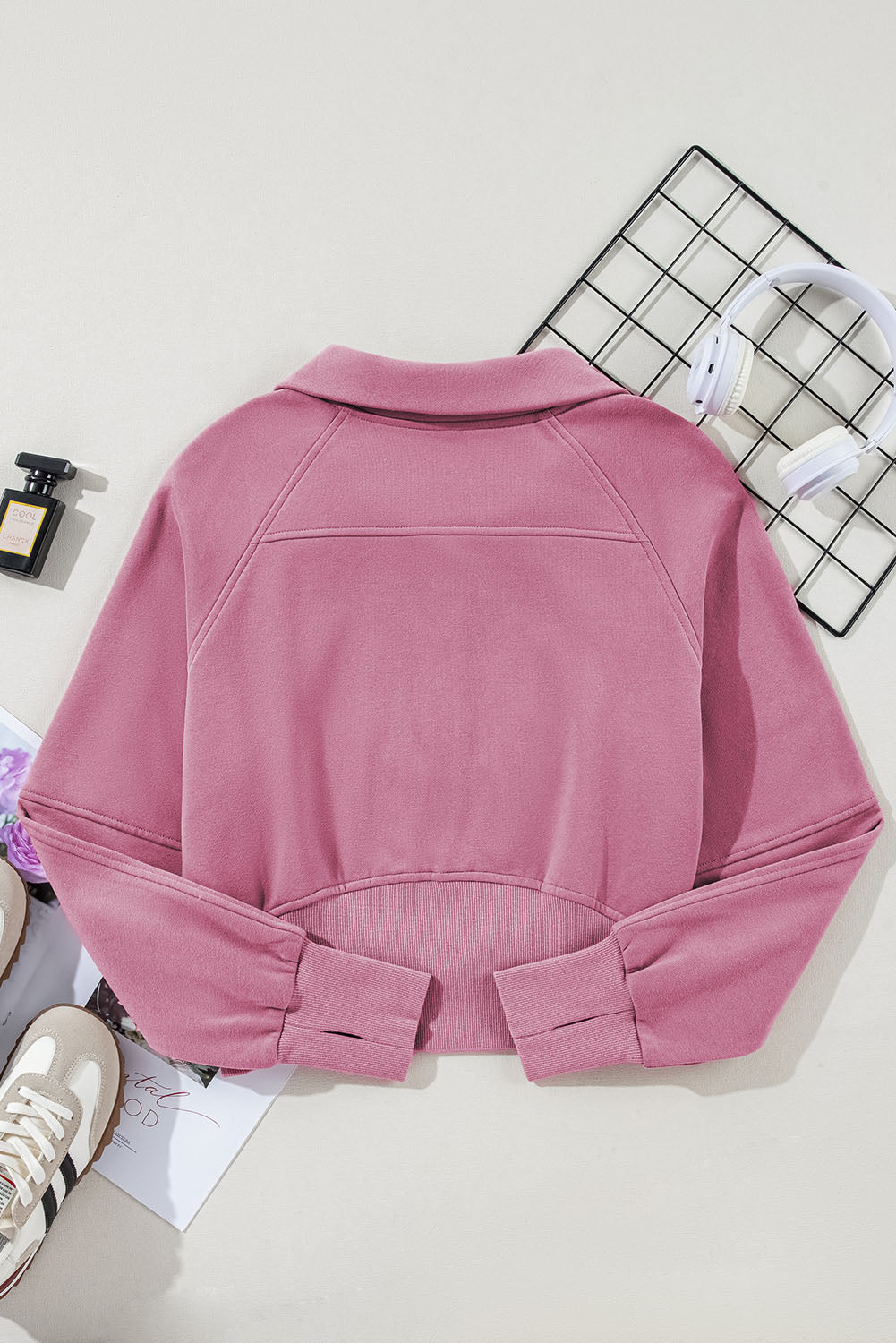 Brown Zip Up Stand Collar Thumbhole Sleeve Sweatshirt - Cowaa