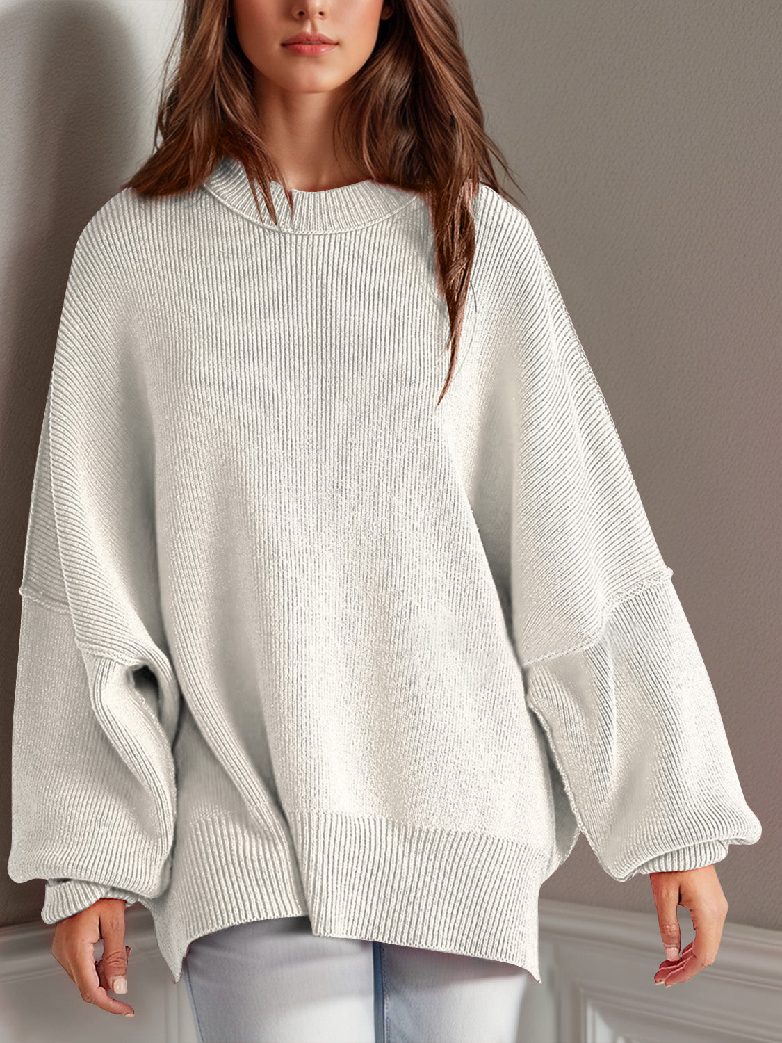 Double Take Side Slit Round Neck Long Sleeve Sweater - Cowaa