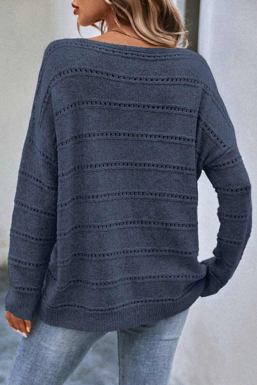 Boat Neck Drop Shoulder Pointelle Knit Sweater - Cowaa
