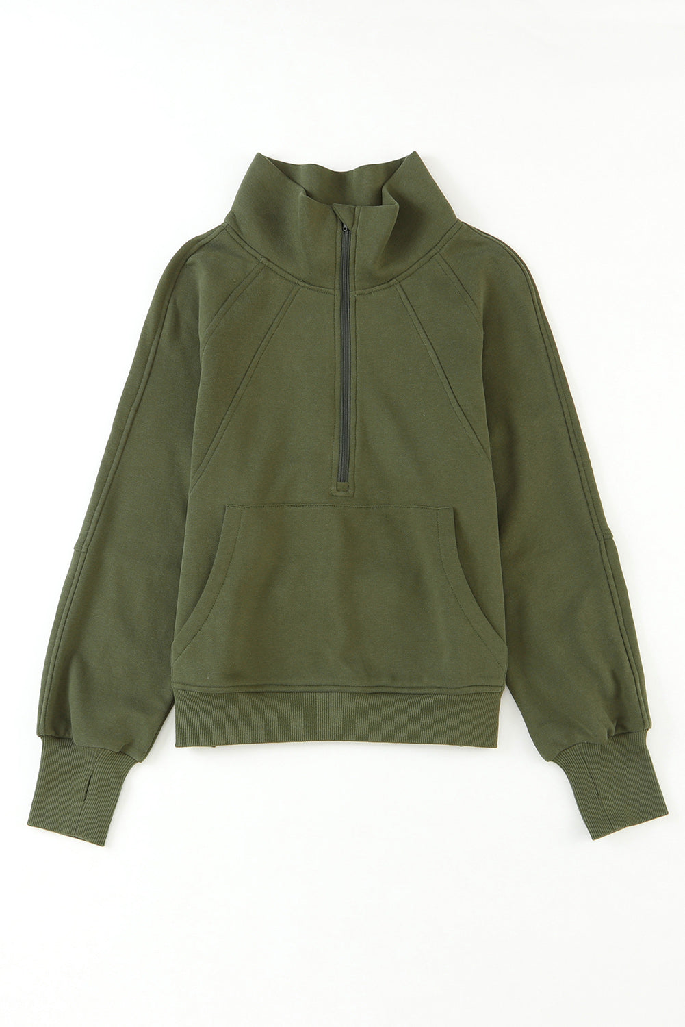 Brown Zip Up Stand Collar Thumbhole Sleeve Sweatshirt - Cowaa