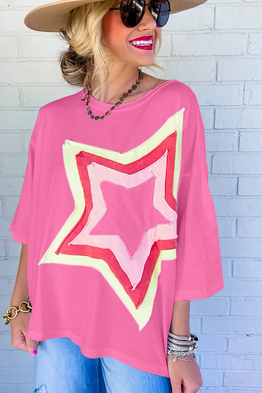 White Colorblock Star Patched Half Sleeve Oversized Tee - Cowaa