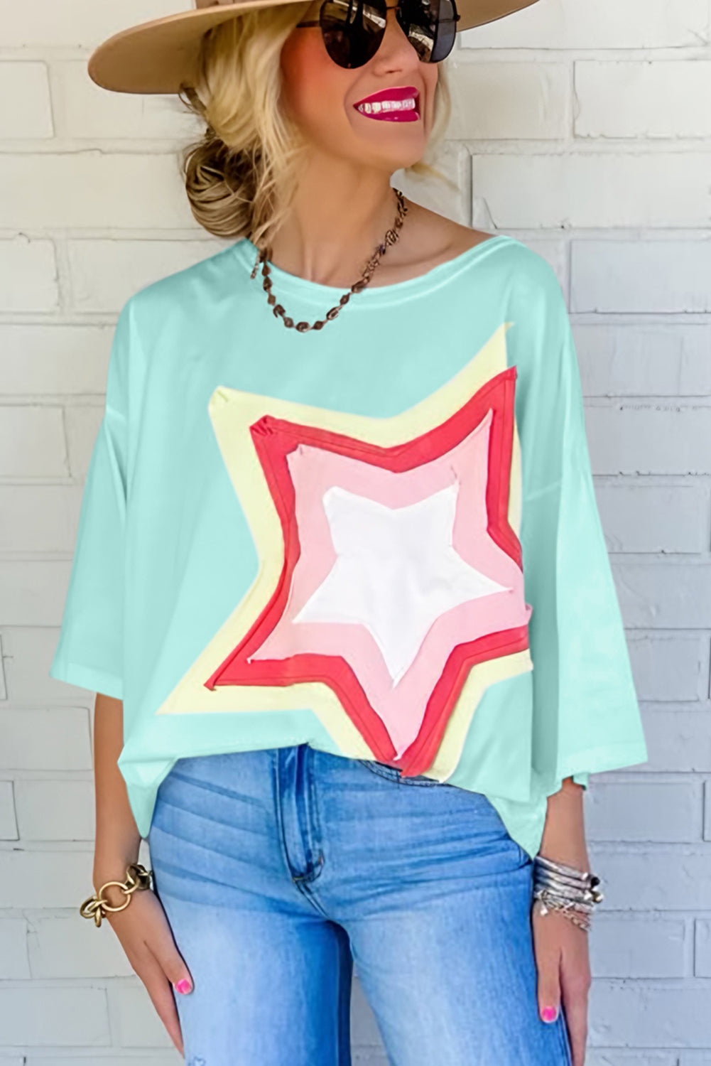 White Colorblock Star Patched Half Sleeve Oversized Tee - Cowaa