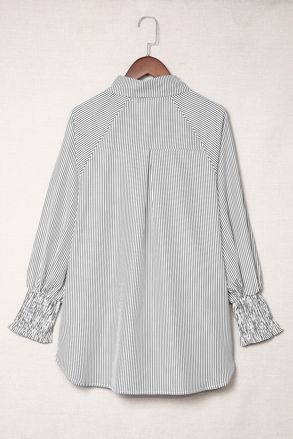 Black Striped Casual Shirred Cuffs Shirt - Cowaa