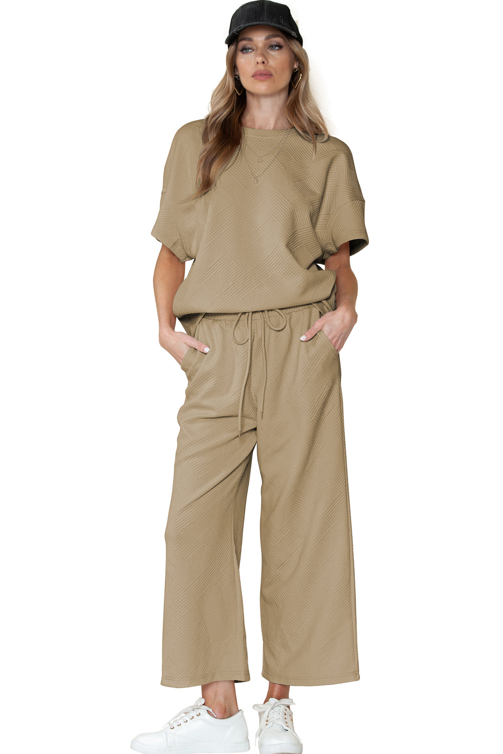 Navy Blue Textured Loose Fit T Shirt and Drawstring Pants Set - Cowaa