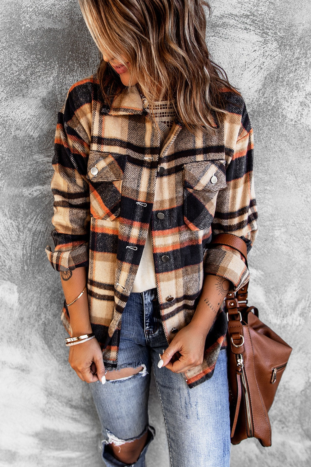 Plaid Button Front Pocket Shirt Shacket - Cowaa