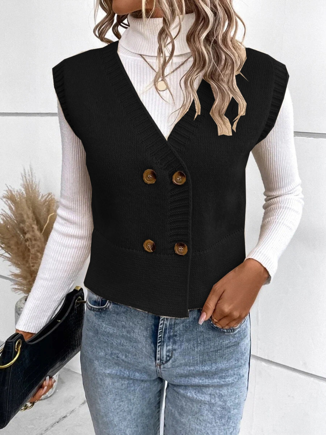 Full Size Button Up V-Neck Sweater Vest - Cowaa