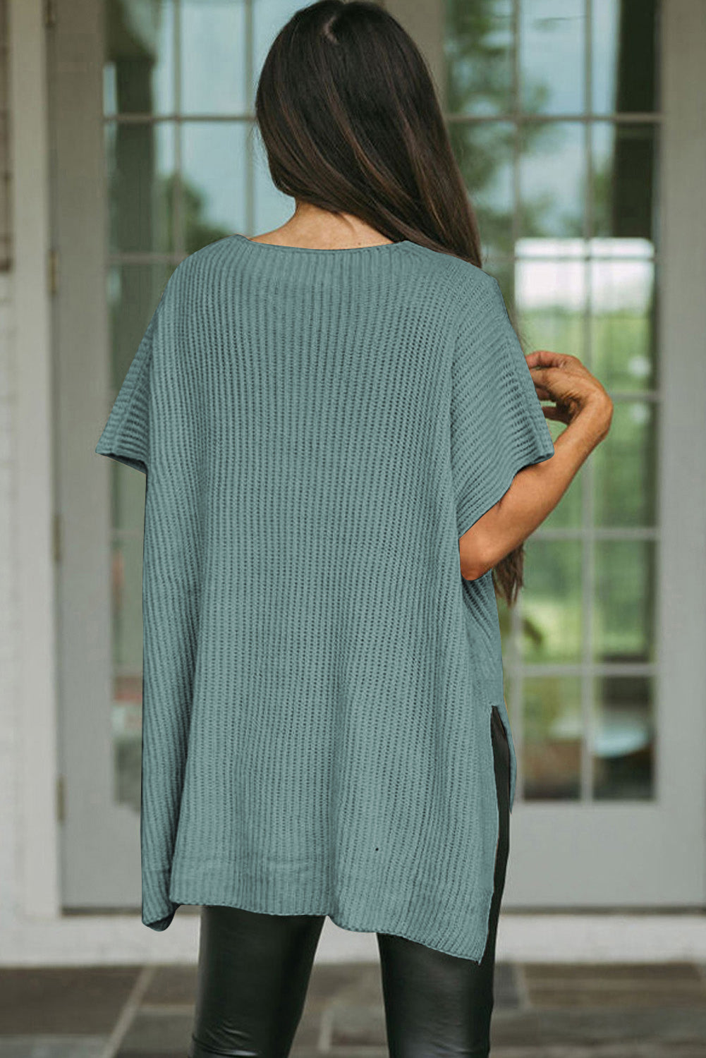 Rose Red Side Slit Short Sleeve Oversized Sweater - Cowaa