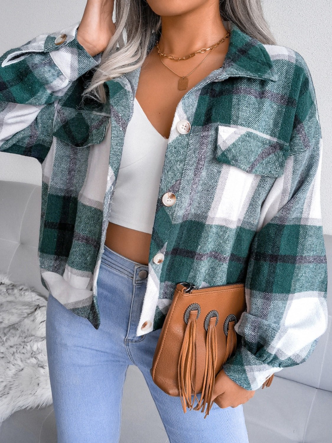 Plaid Collared Neck Long Sleeve Jacket - Cowaa