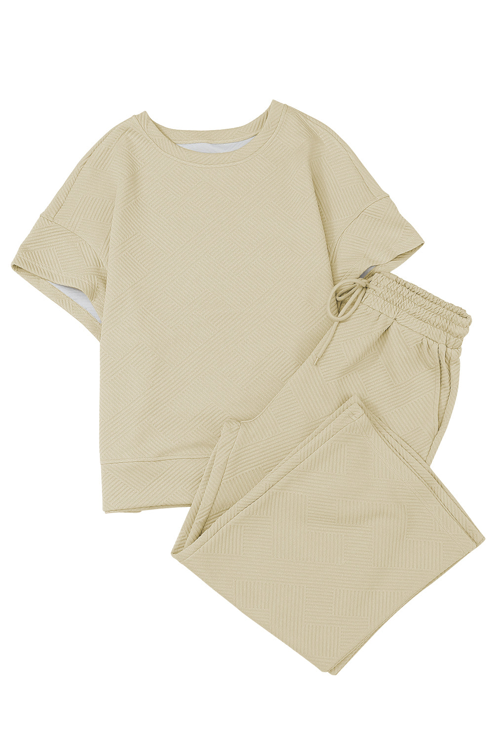 Navy Blue Textured Loose Fit T Shirt and Drawstring Pants Set - Cowaa