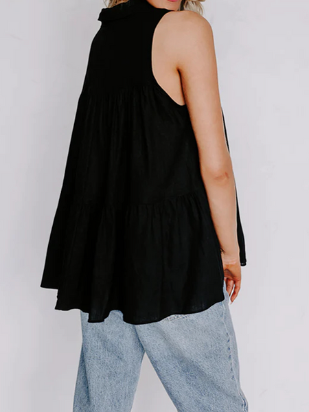 Black Button Up Tiered Sleeveless Top - Cowaa