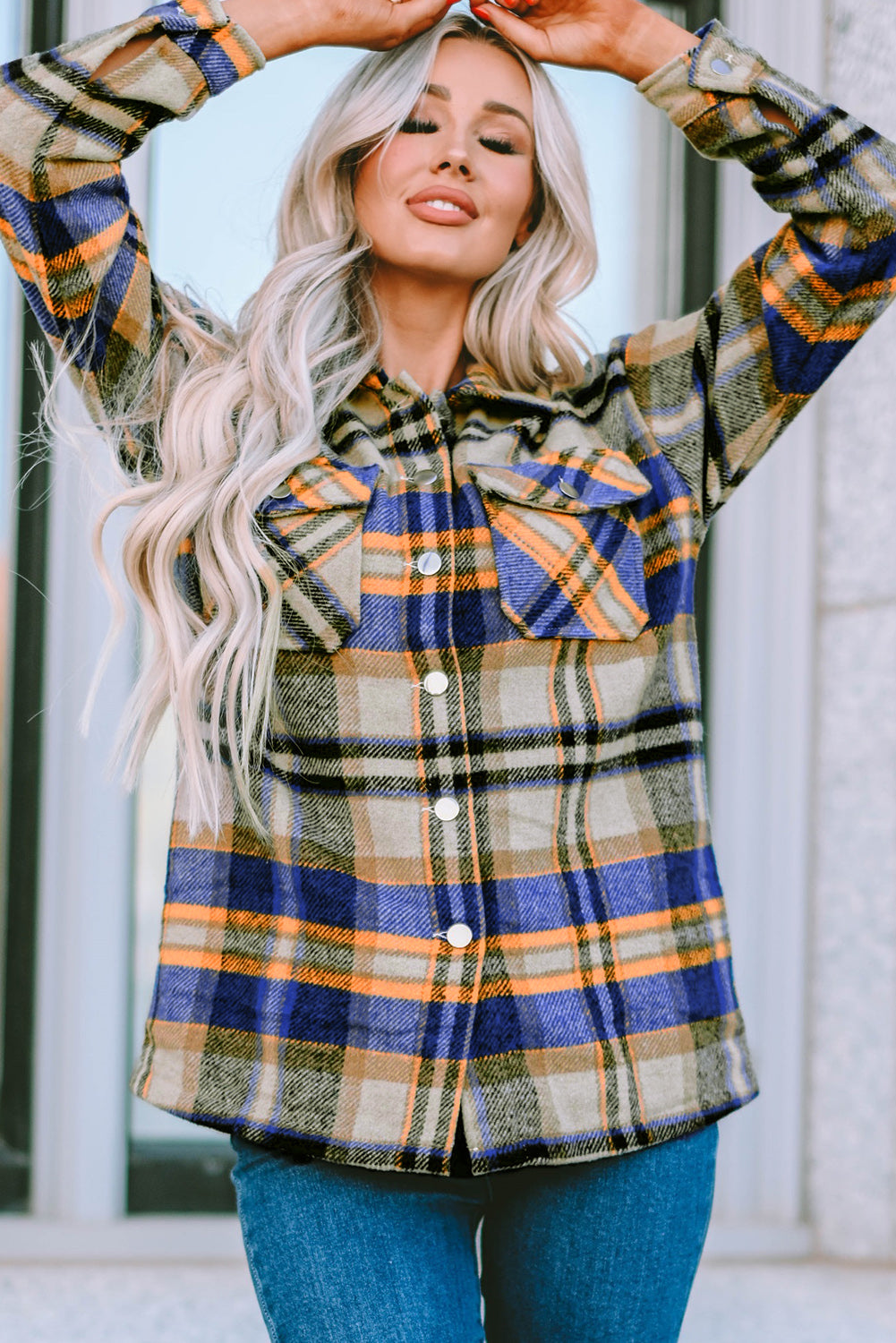 Plaid Button Front Pocket Shirt Shacket - Cowaa