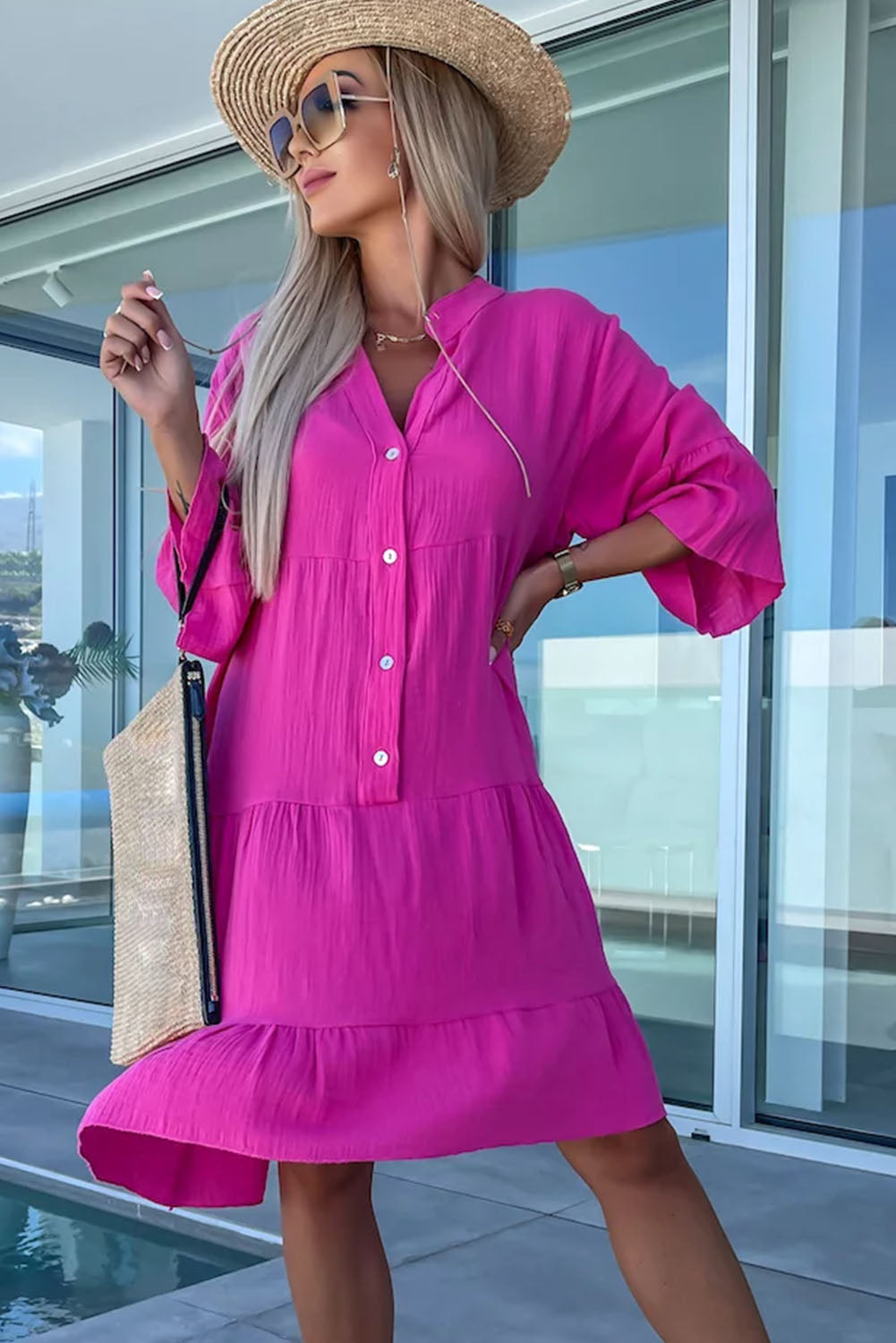 Rose Crinkled Tiered Split Neck Shirt Dress - Cowaa