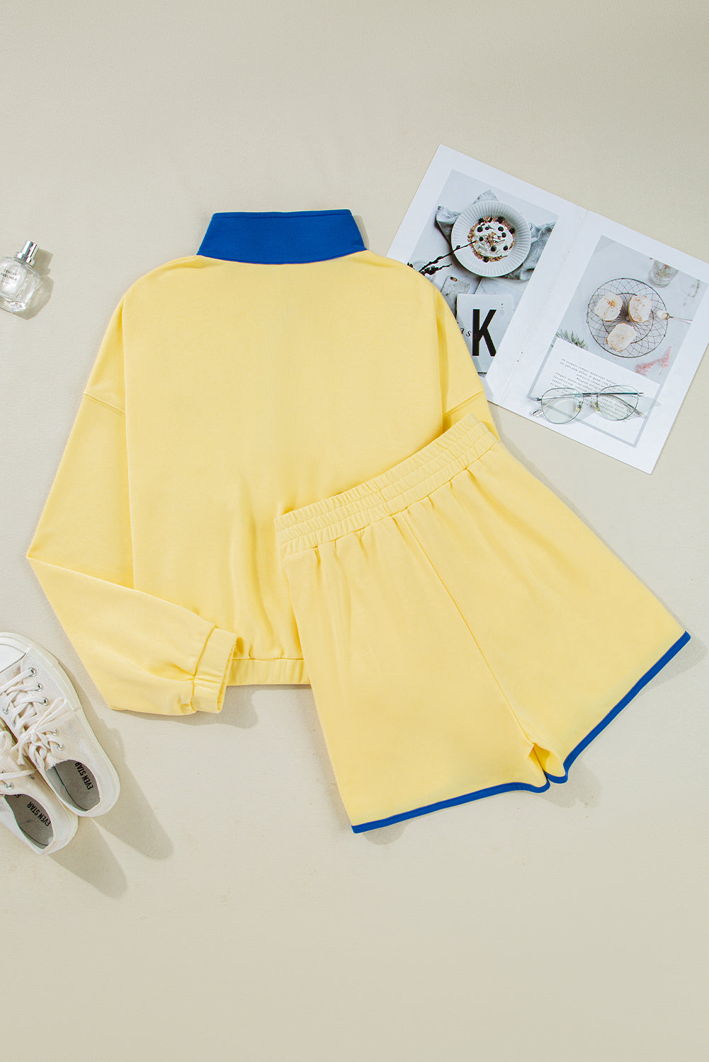 Red Dahlia Colorblock Patchwork Half Button Pullover and Shorts Outfit