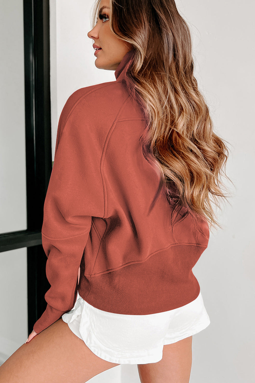 Brown Zip Up Stand Collar Thumbhole Sleeve Sweatshirt - Cowaa