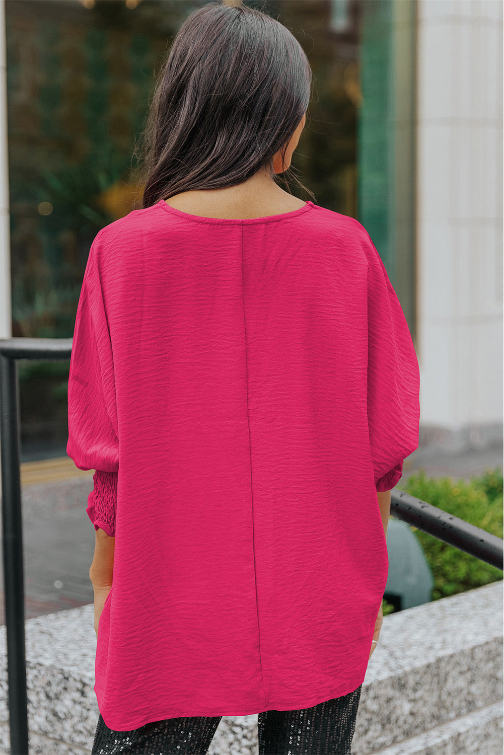 Apricot Solid Casual Smocked Cuffs Batwing Sleeve Blouse - Cowaa