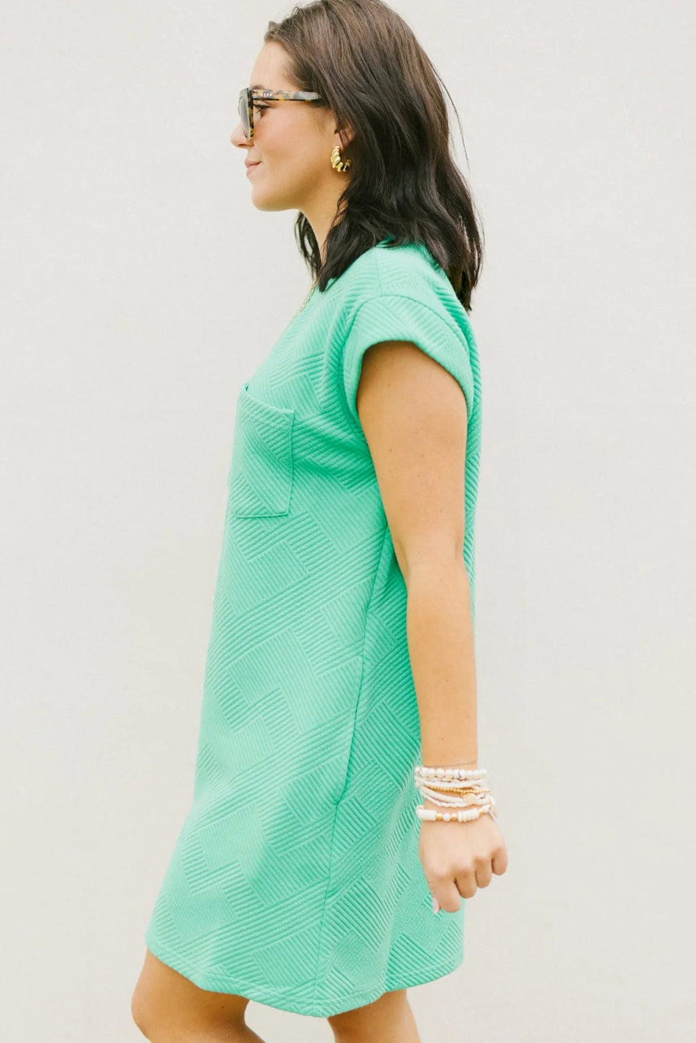 Mint Green Plain Textured Pocketed Mini Dress - Cowaa