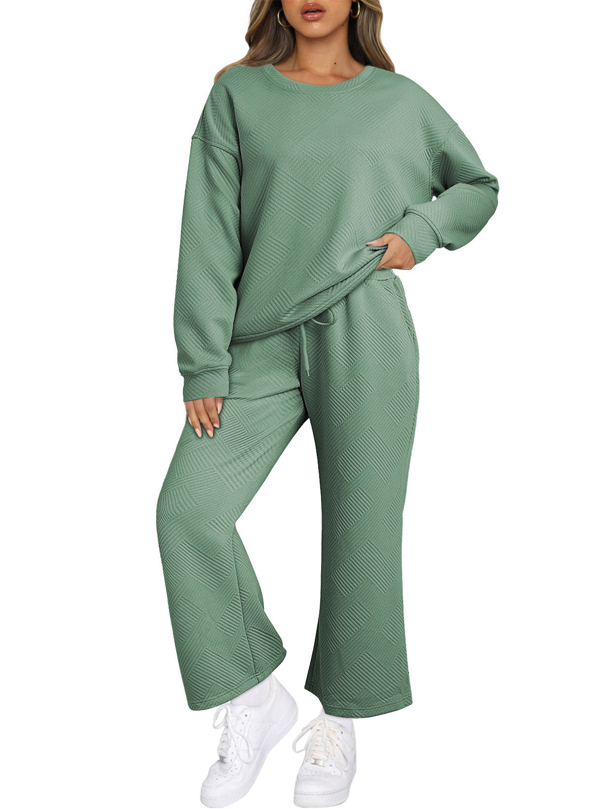 Strawberry Pink Textured Loose Slouchy Long Sleeve Top and Pants Set - Cowaa