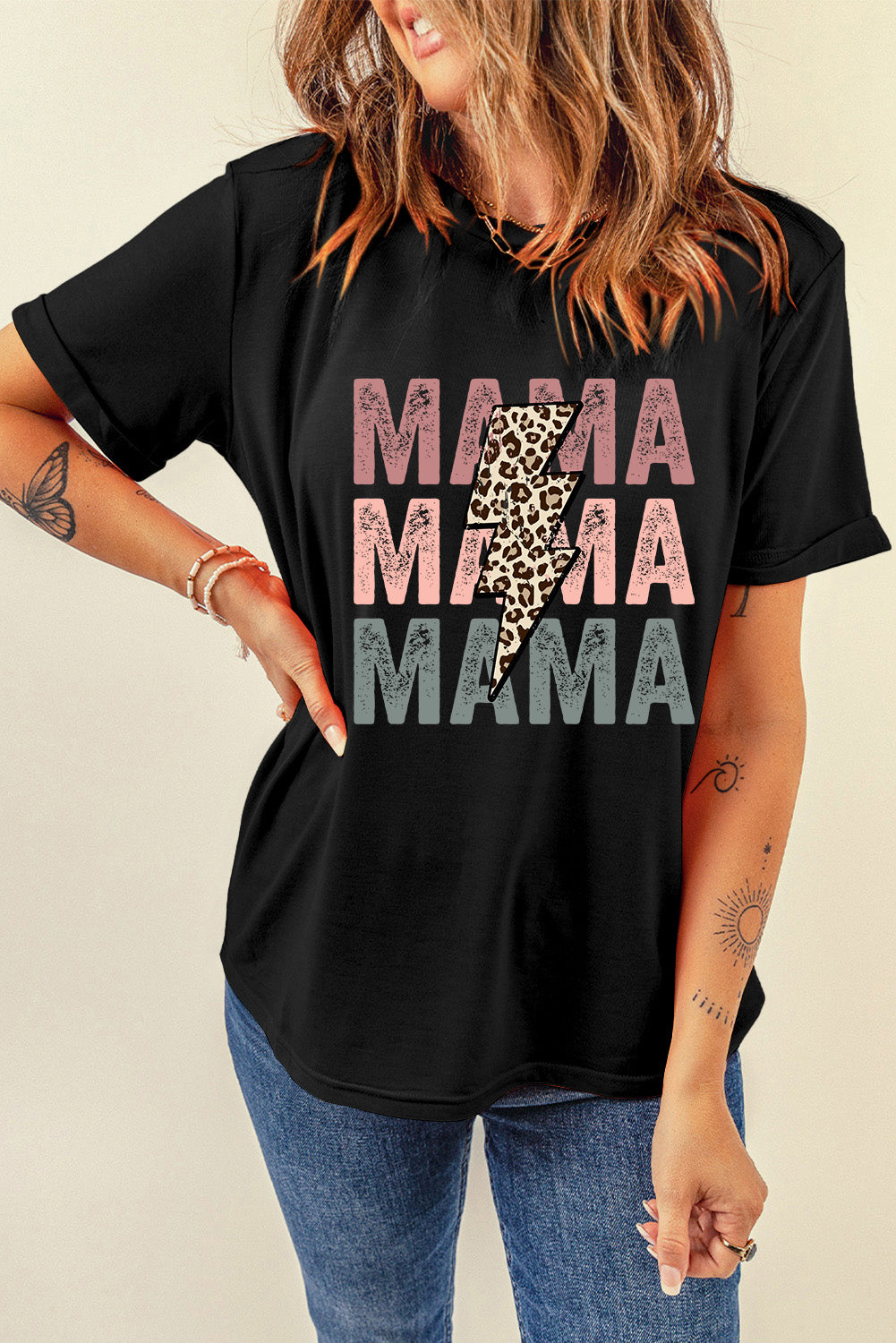 Black Leopard Lightning MAMA Letter Print Graphic Tee - Cowaa