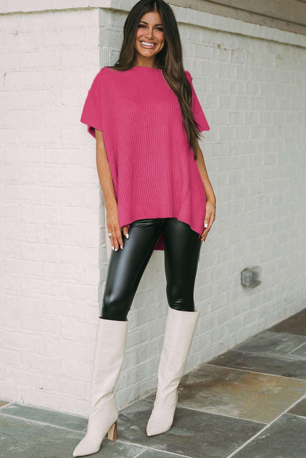 Rose Red Side Slit Short Sleeve Oversized Sweater - Cowaa