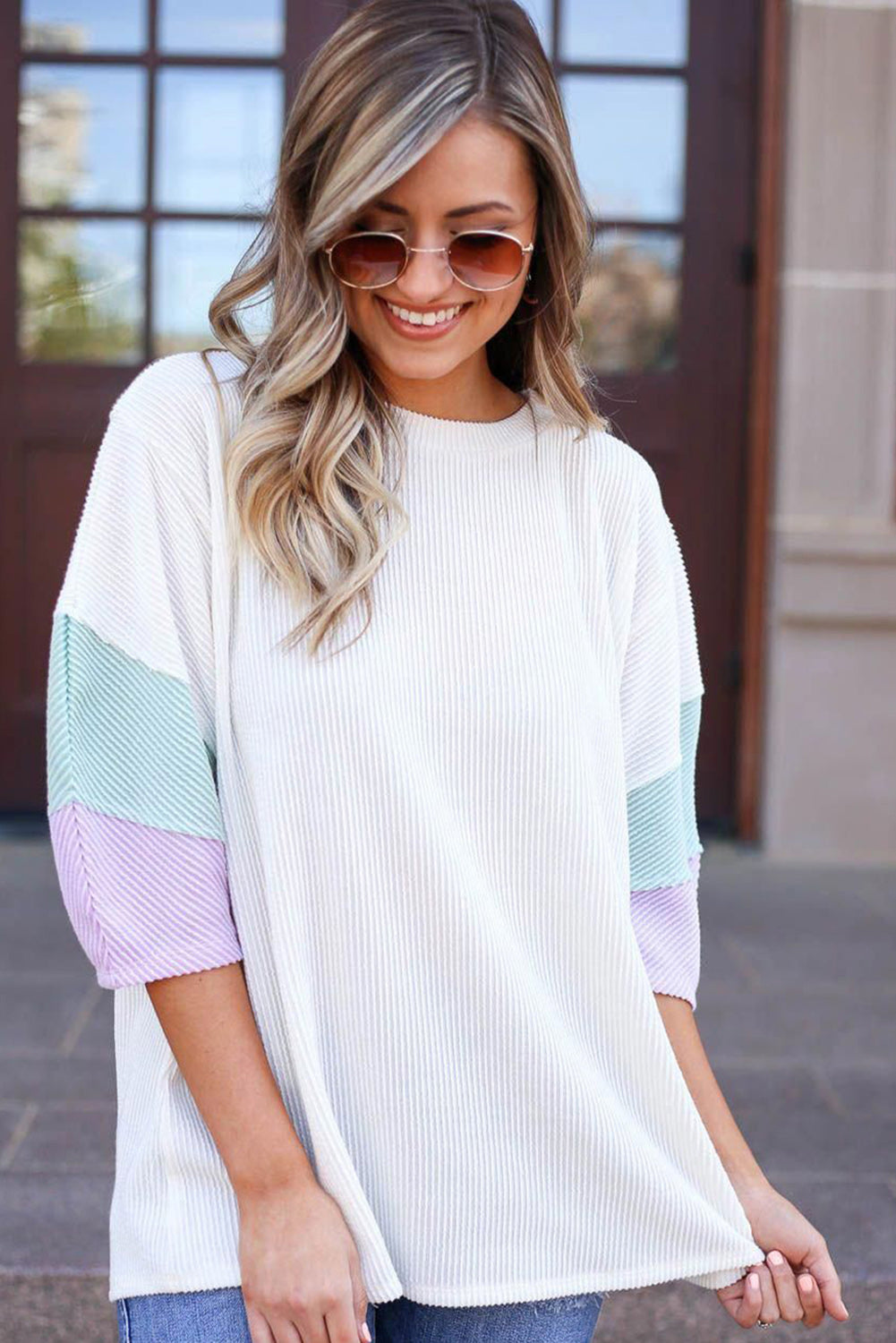 White Pit-striped Colorblock Drop Sleeve Top - Cowaa