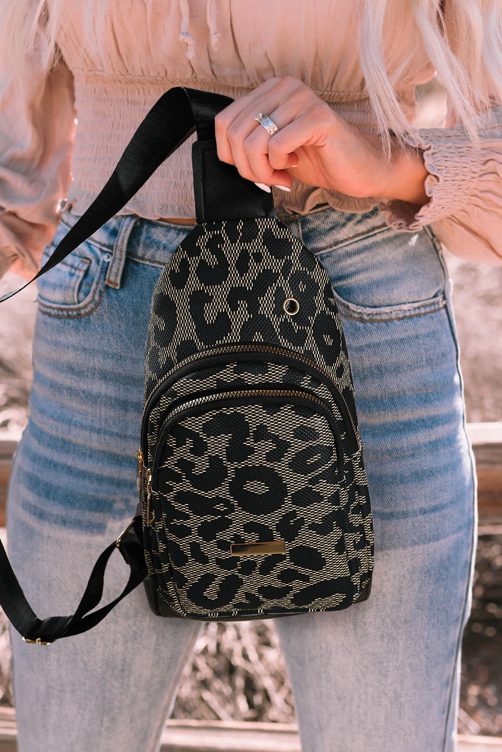 Leopard Printed PU Leather Zippered Fanny Pack Sling Bag - Cowaa