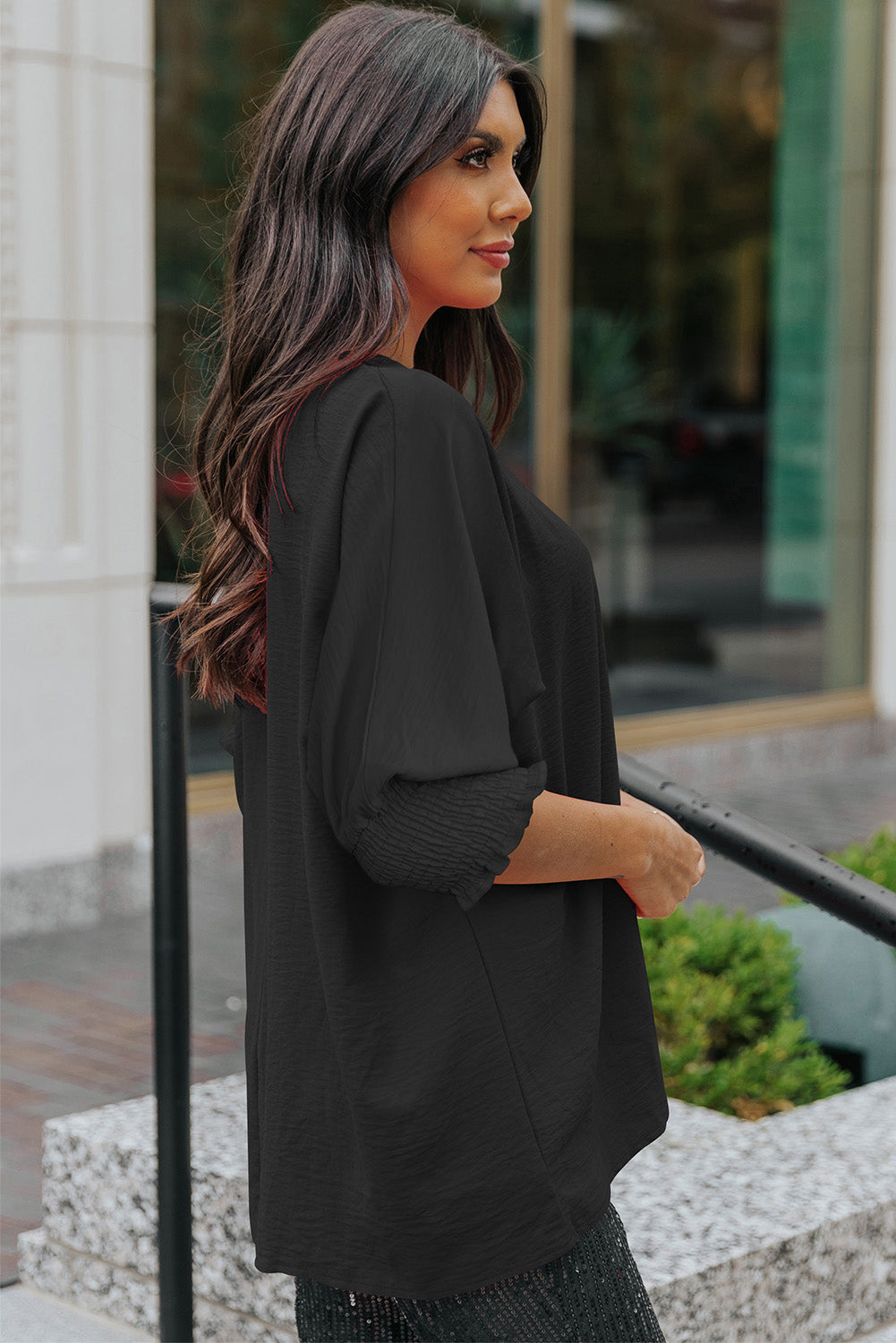 Apricot Solid Casual Smocked Cuffs Batwing Sleeve Blouse - Cowaa