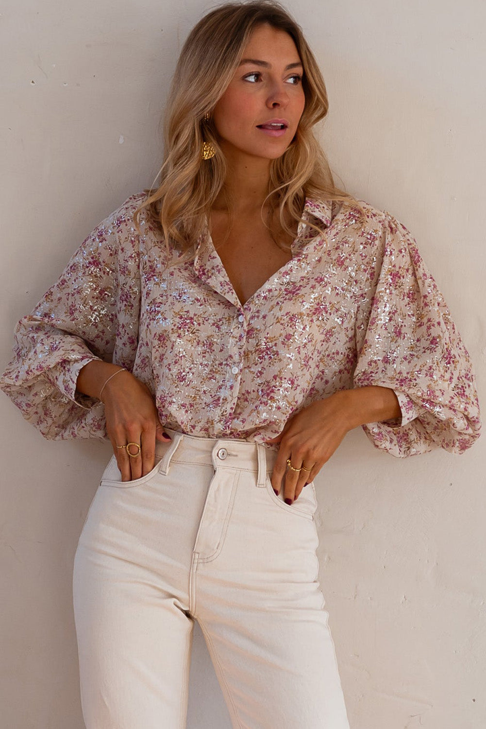 Pink Ditsy Floral Print Bishop Sleeve Collared V Neck Shirt - Cowaa