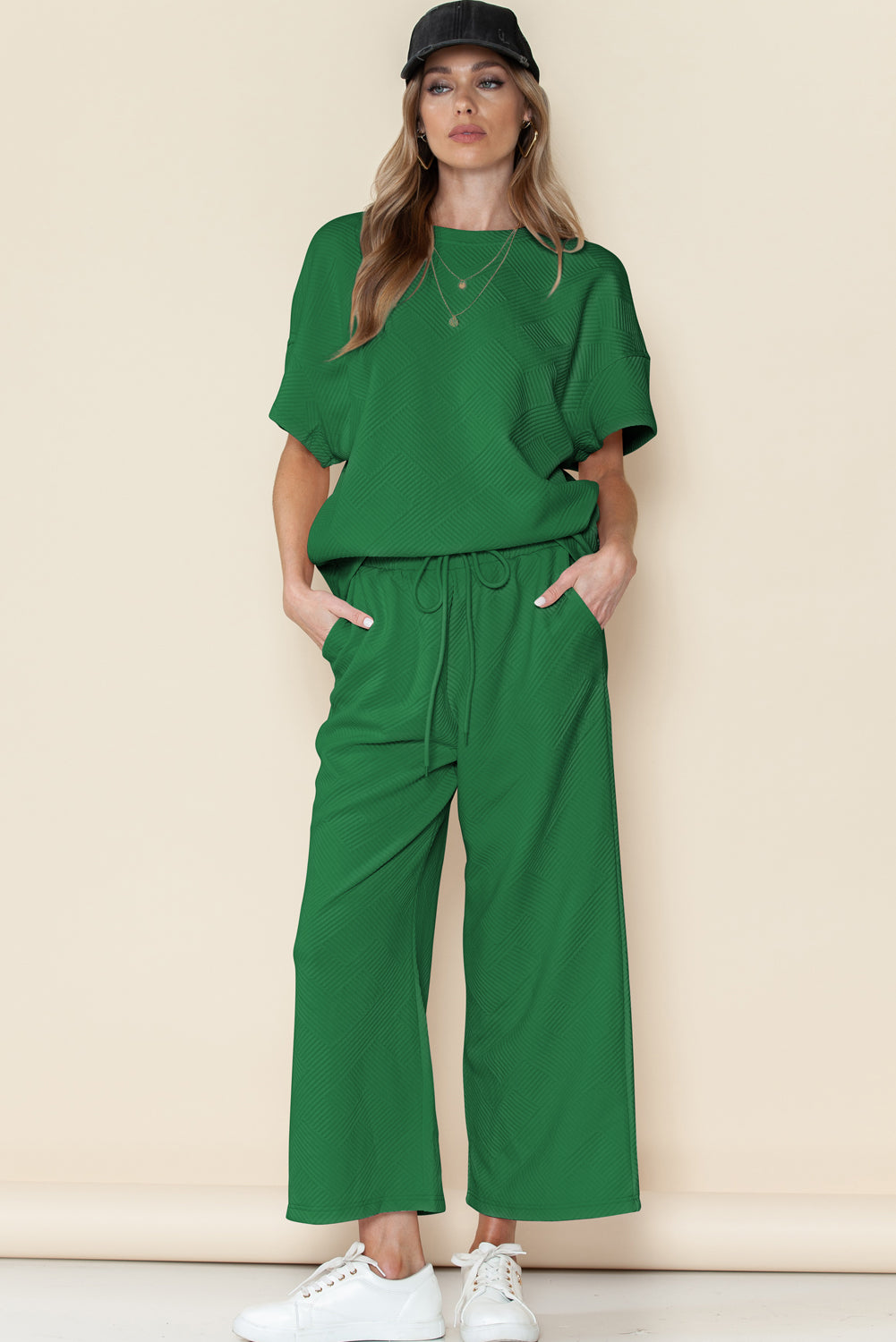 Navy Blue Textured Loose Fit T Shirt and Drawstring Pants Set - Cowaa
