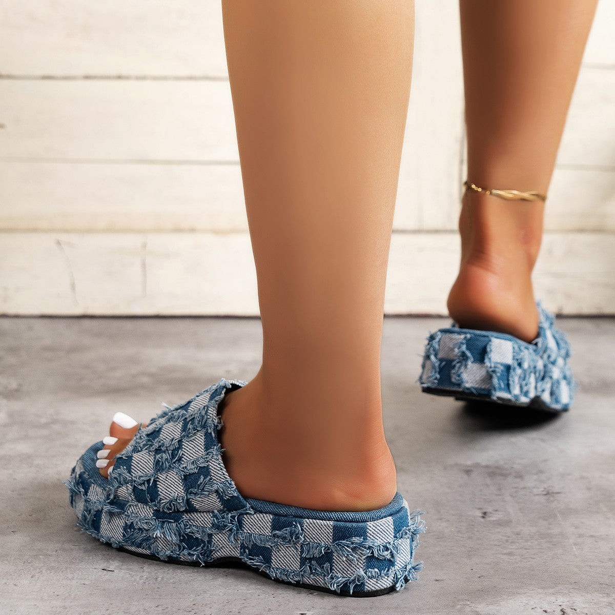 Plaid PU Leather Platform Sandals - Cowaa