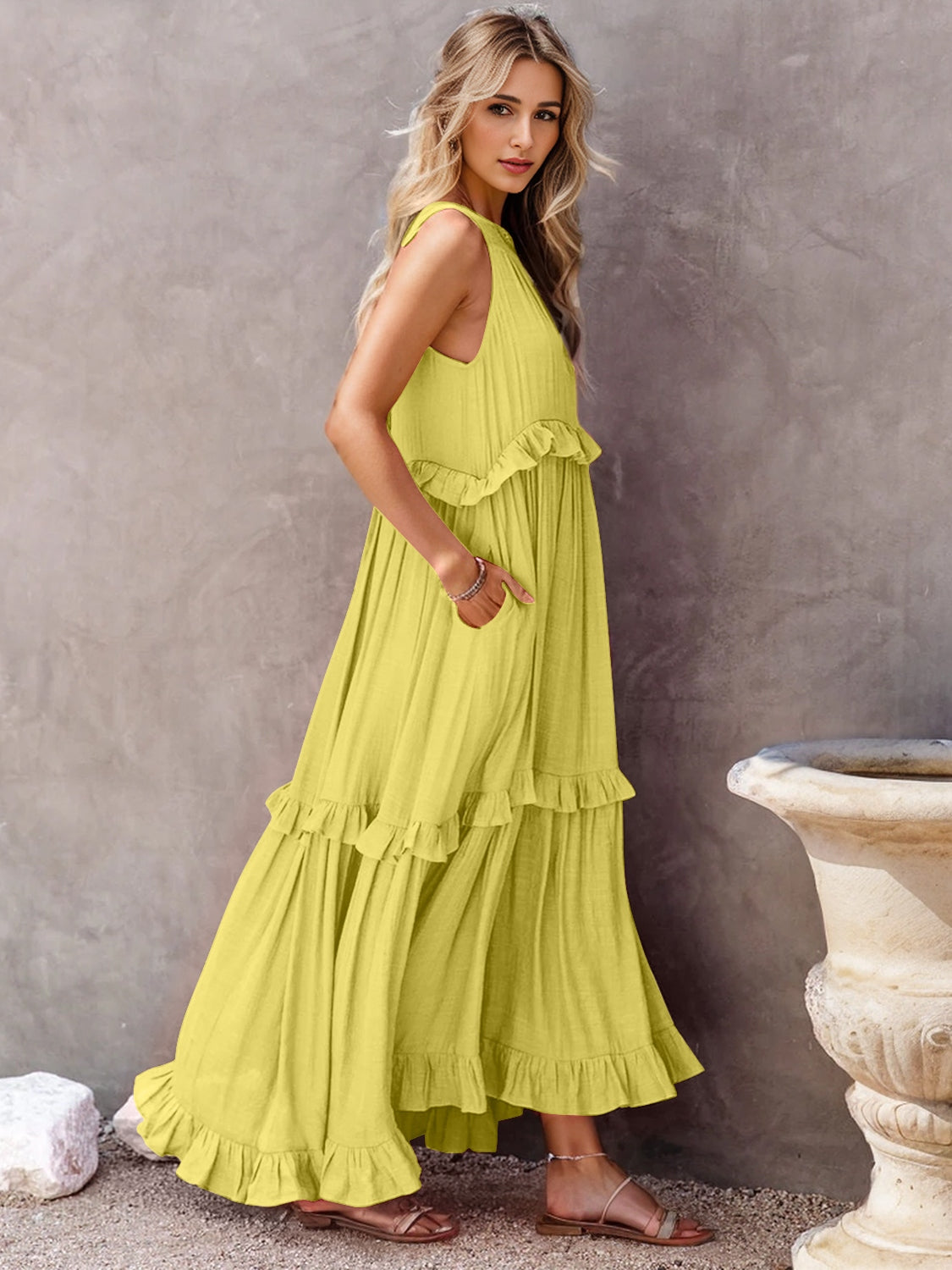 Ruffled Sleeveless Tiered Maxi Dress with Pockets - Cowaa