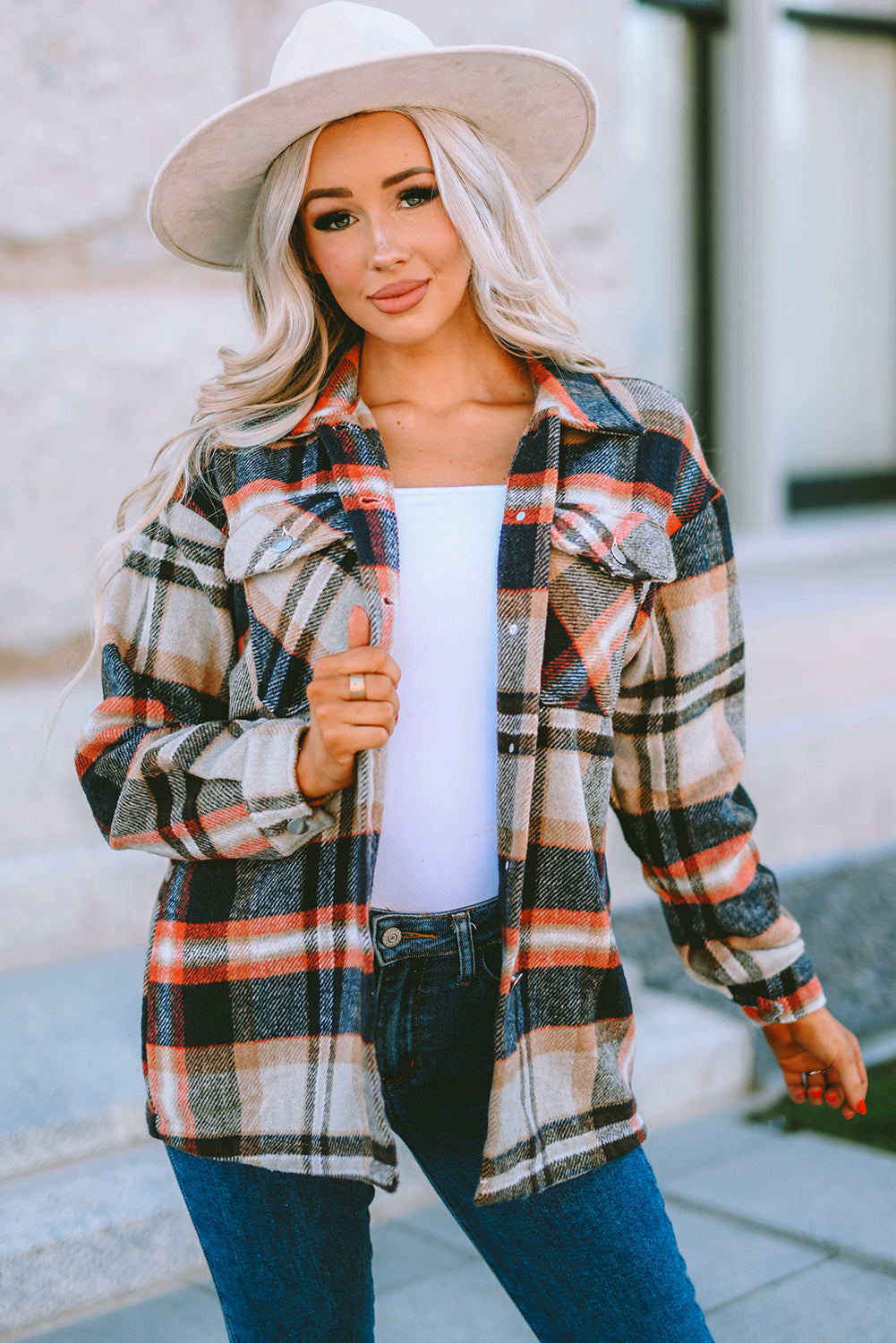 Plaid Button Front Pocket Shirt Shacket - Cowaa