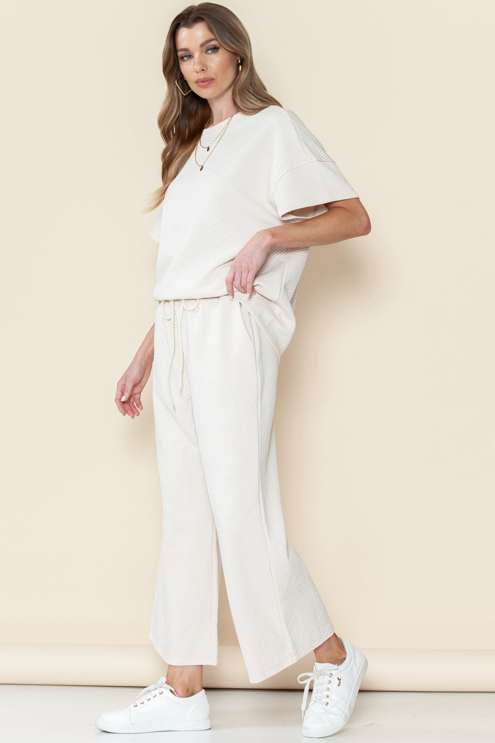 Navy Blue Textured Loose Fit T Shirt and Drawstring Pants Set - Cowaa
