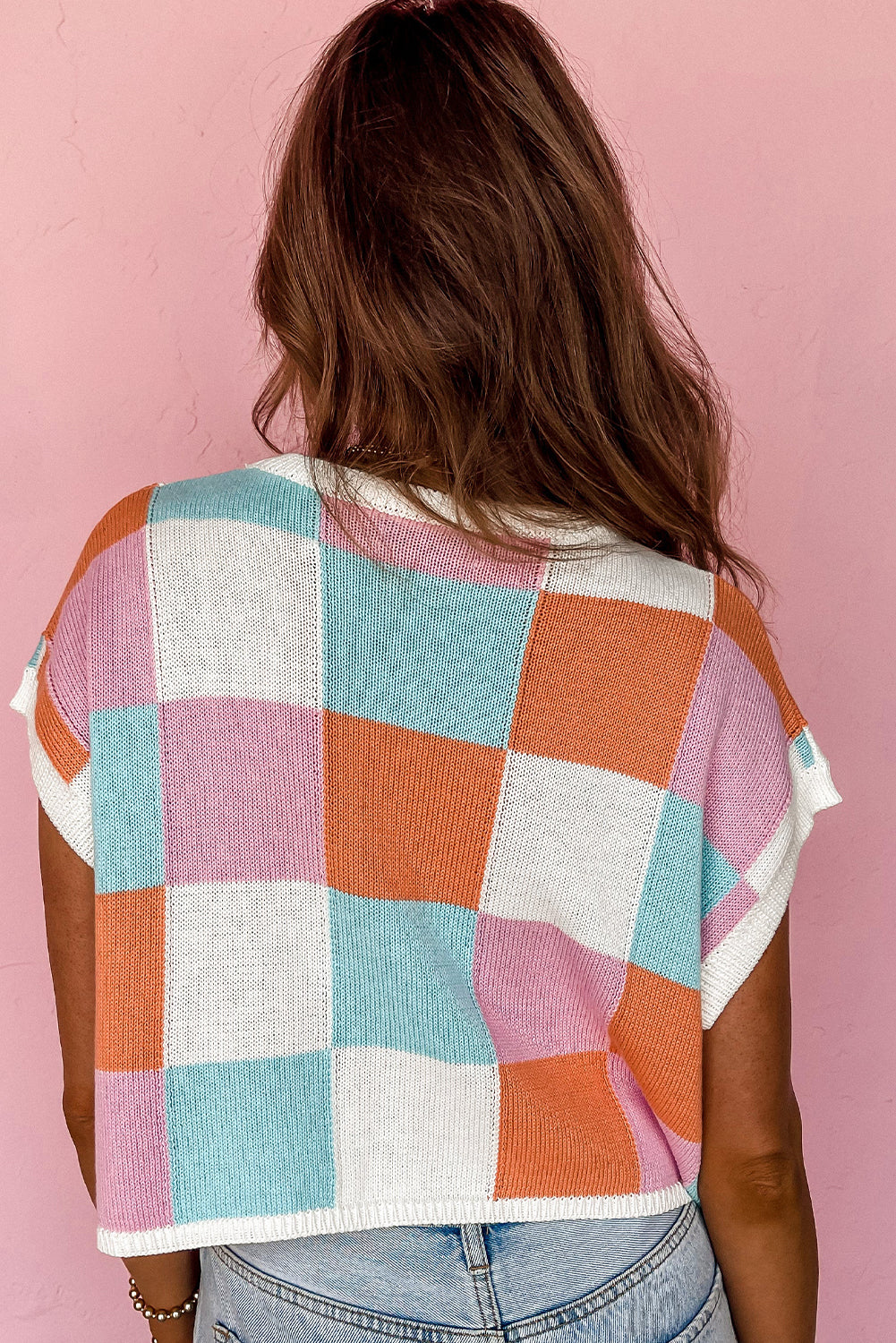 Fiery Red Checkered Color Block Cap Sleeve Knitted Top - Cowaa