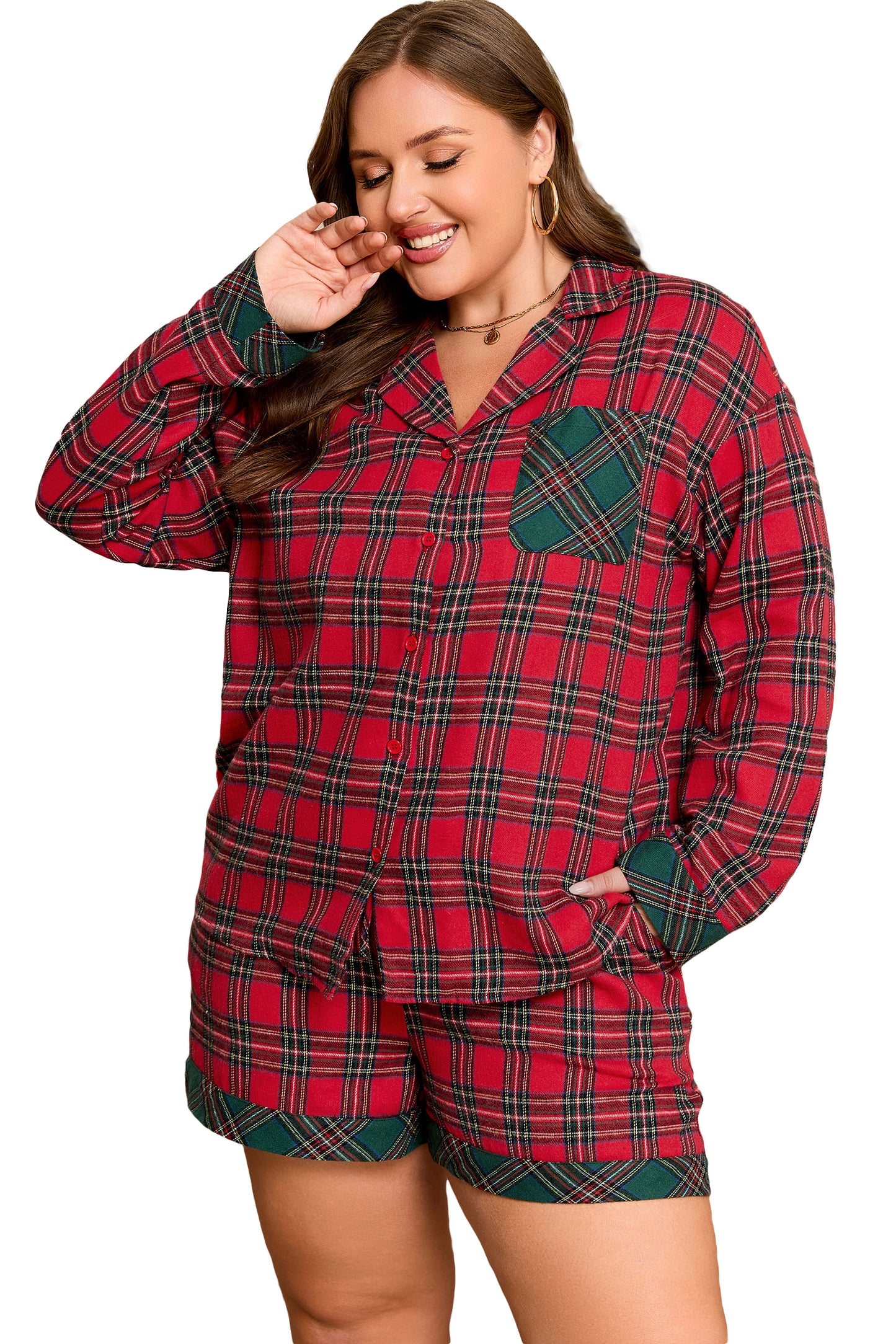 Red Plus Size Plaid Contrast Patchwork Long Sleeve Shirt and Shorts 2pcs Pajama Set - Cowaa