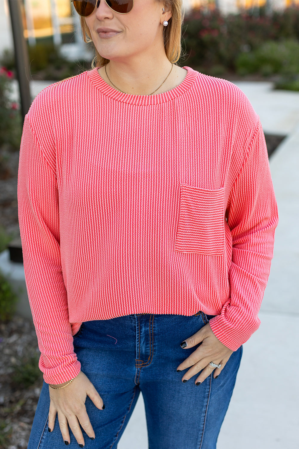 Peach Blossom Plus Size Ribbed Textured Long Sleeve T Shirt - Cowaa
